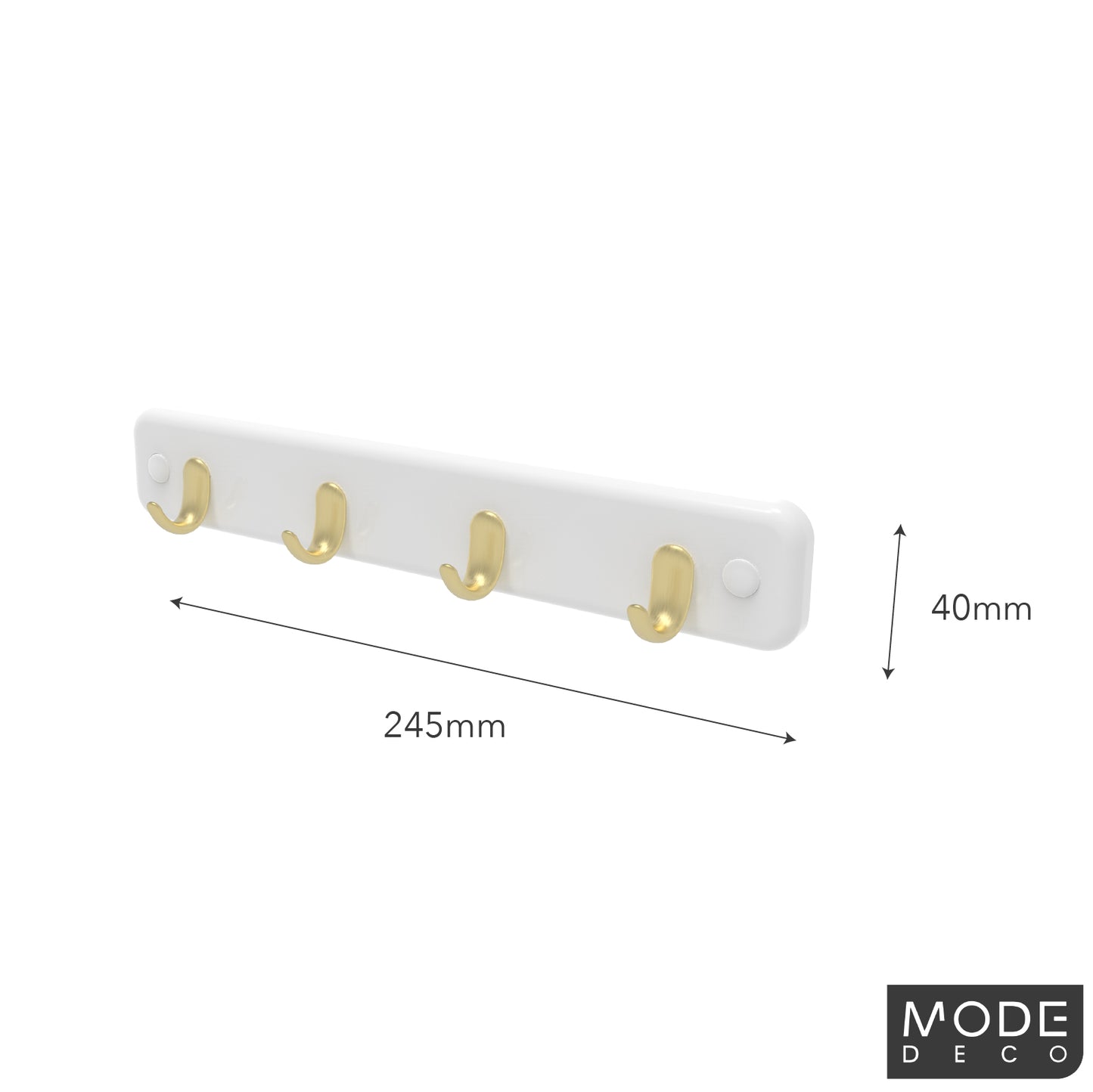 4 Brushed Brass Hooks on White Board Key Rack
