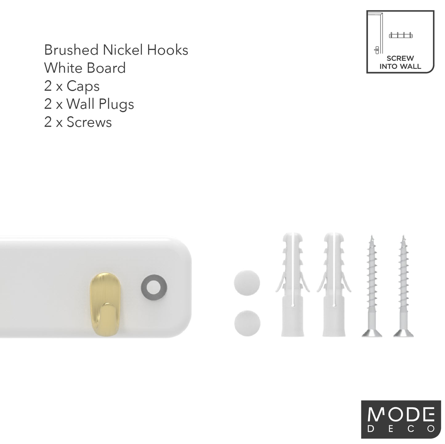 4 Brushed Brass Hooks on White Board Key Rack