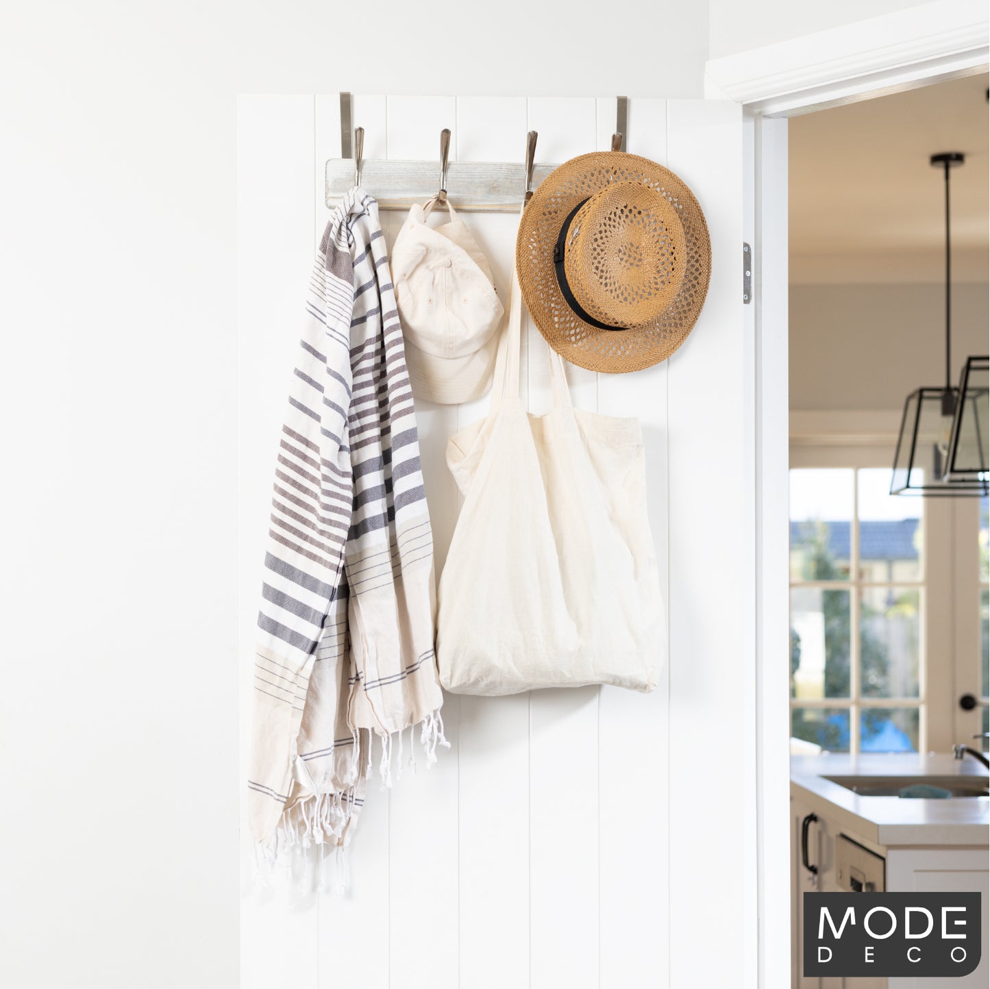 4 Brushed Nickel Hooks on White Board Over Door Hook