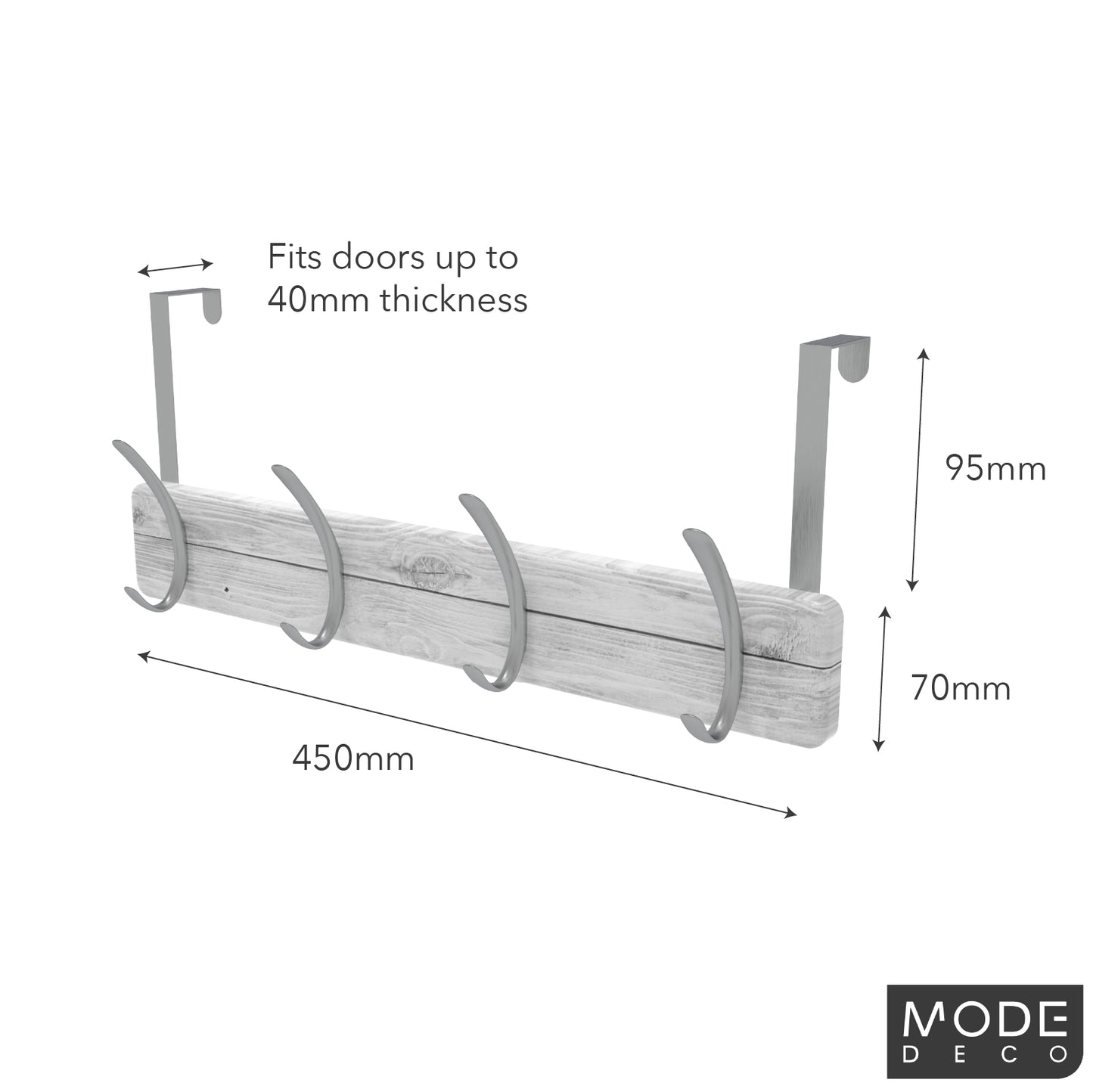 4 Brushed Nickel Hooks on White Board Over Door Hook