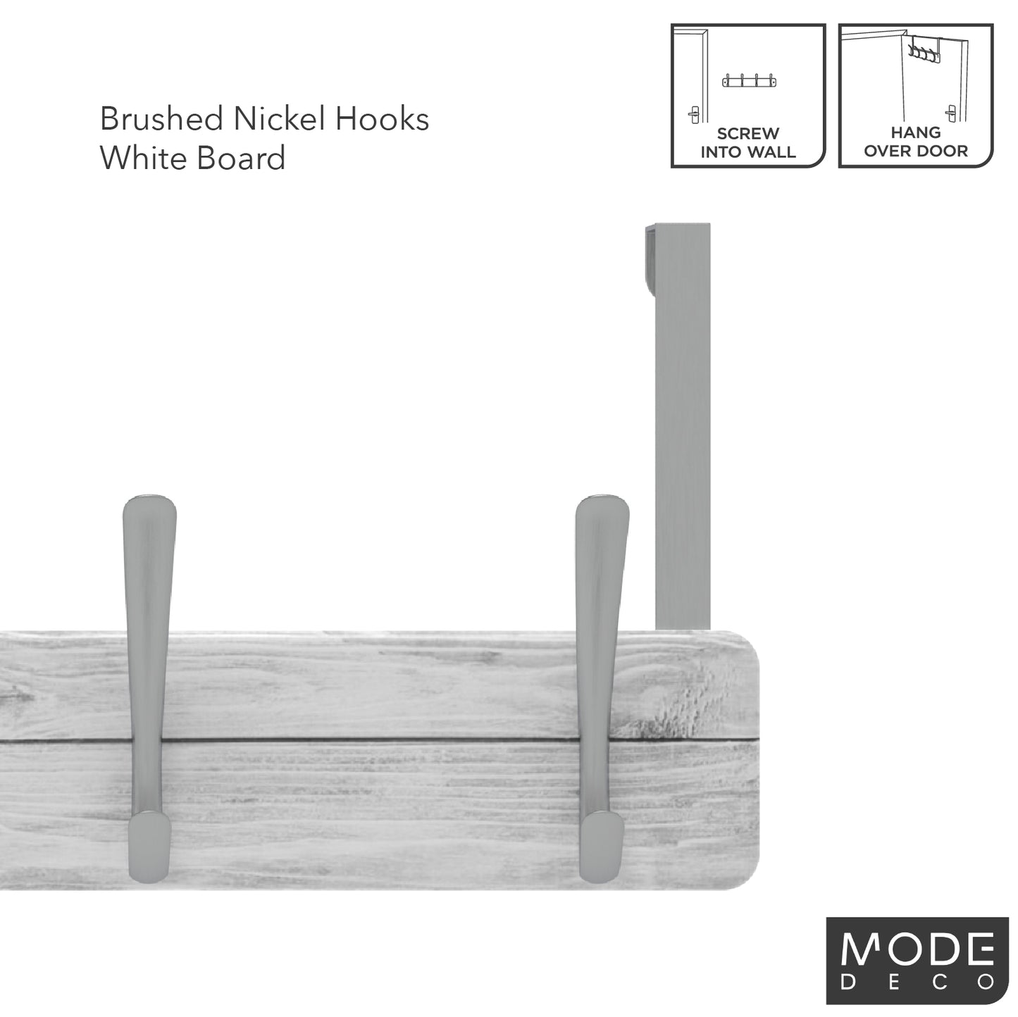 4 Brushed Nickel Hooks on White Board Over Door Hook
