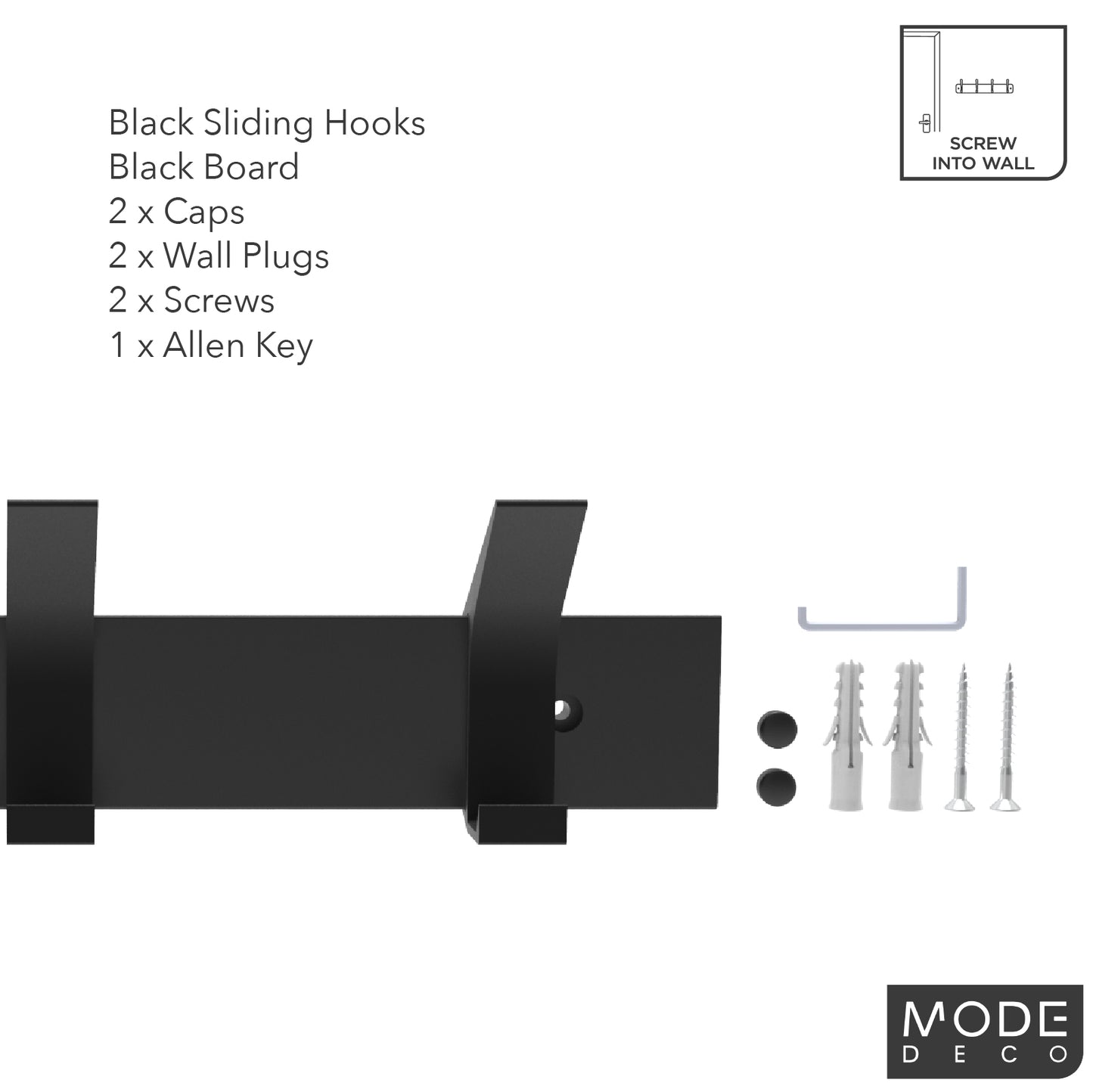 4 Black Sliding Hooks on Black Board Hat & Coat Rack