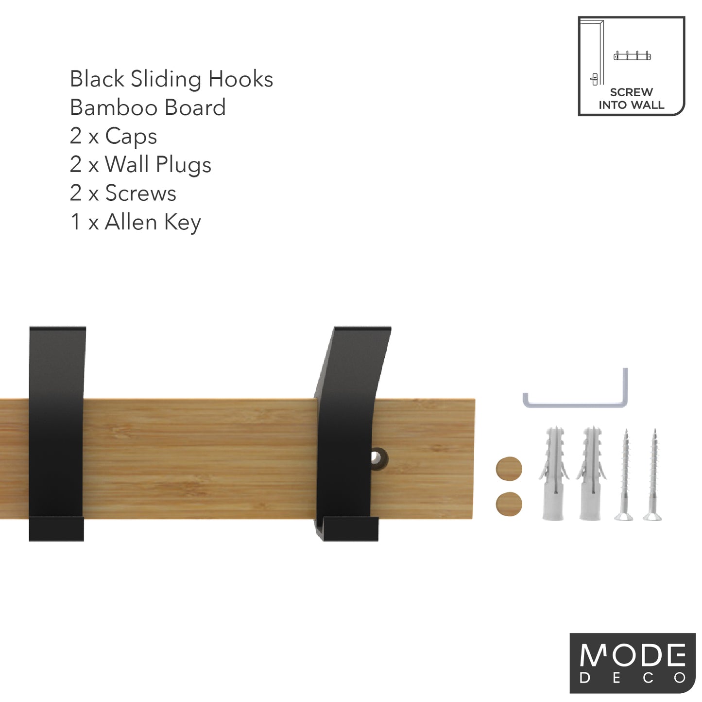 4 Black Sliding Hooks on Bamboo Board Hat & Coat Rack