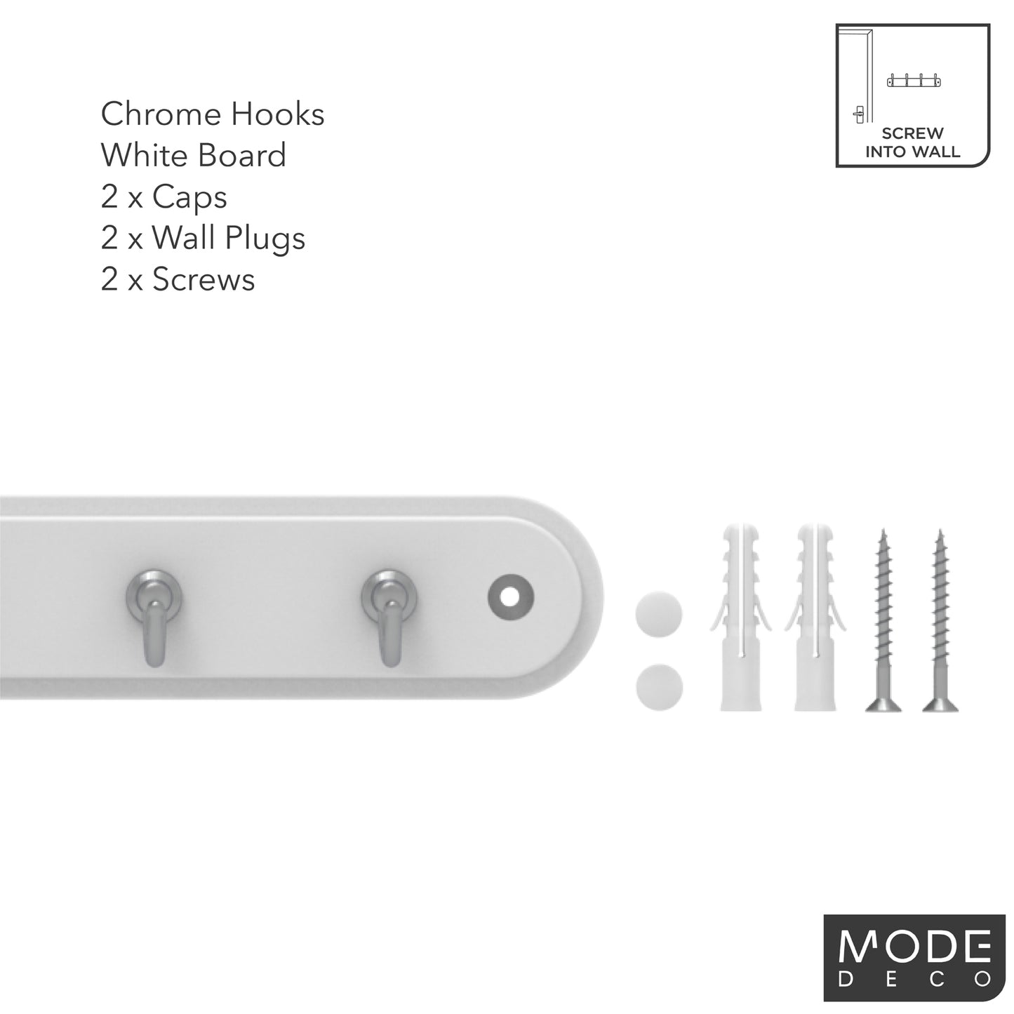 7 Chrome Hooks on White Board Key Rack
