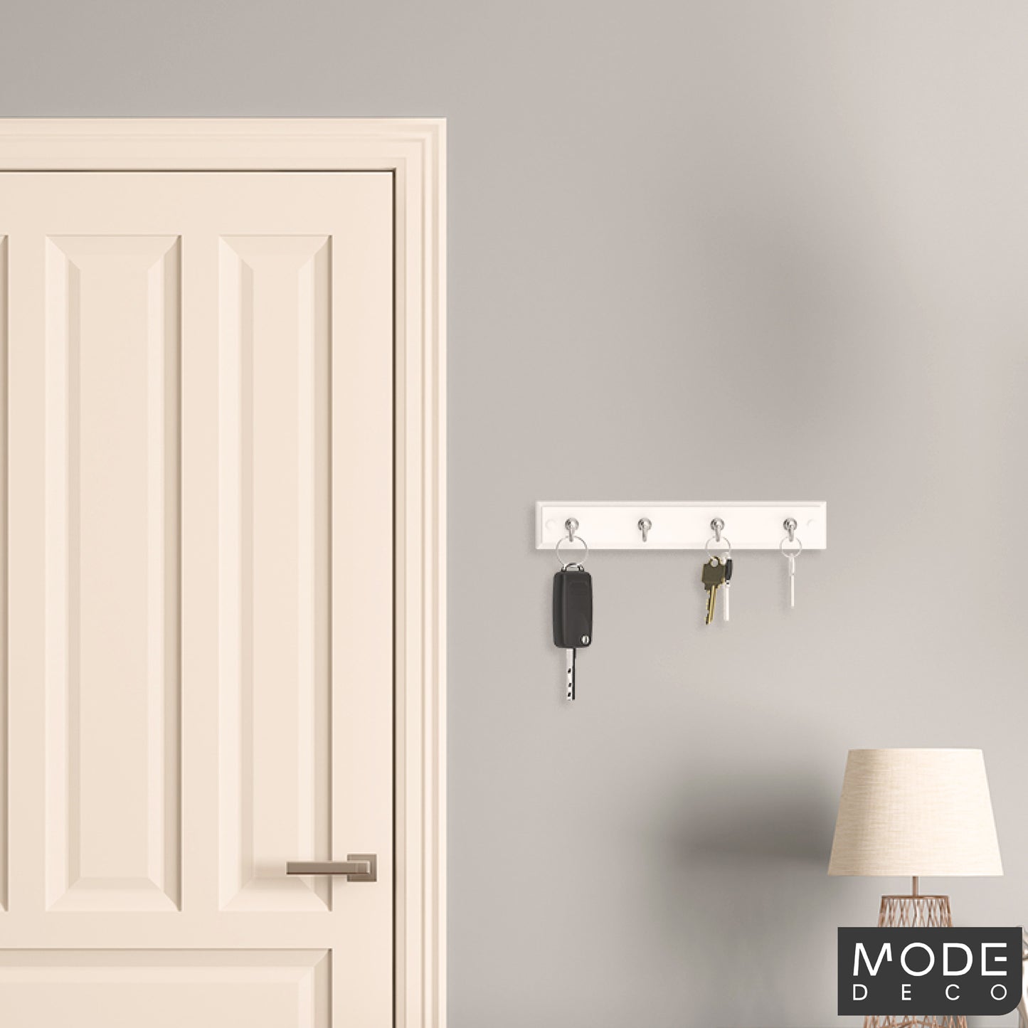 4 Chrome Hooks on White Board Key Rack