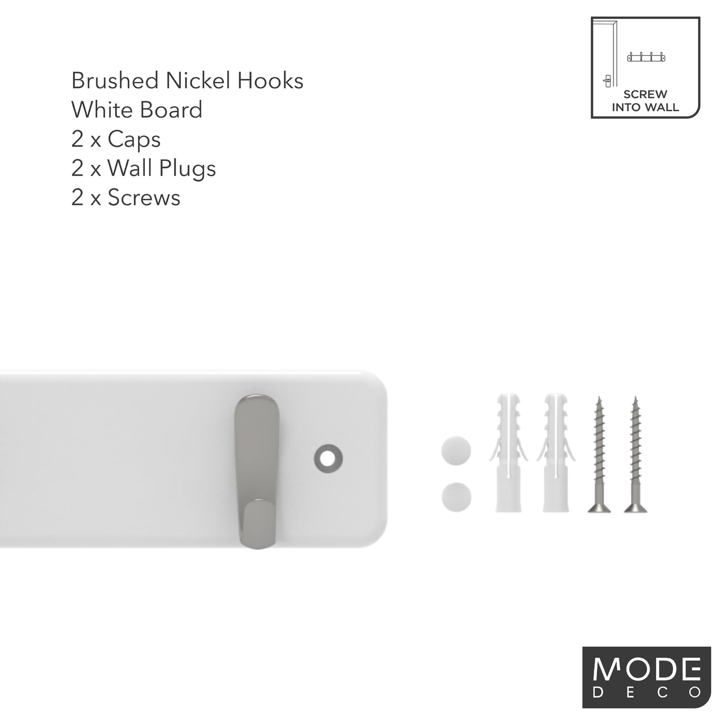 4 Brushed Nickel Hooks on White Board Hook Rack