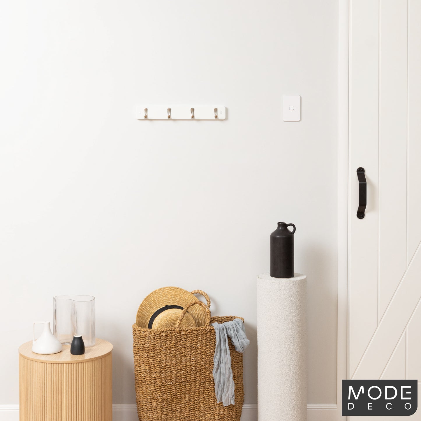 4 Brushed Nickel Hooks on White Board Hook Rack