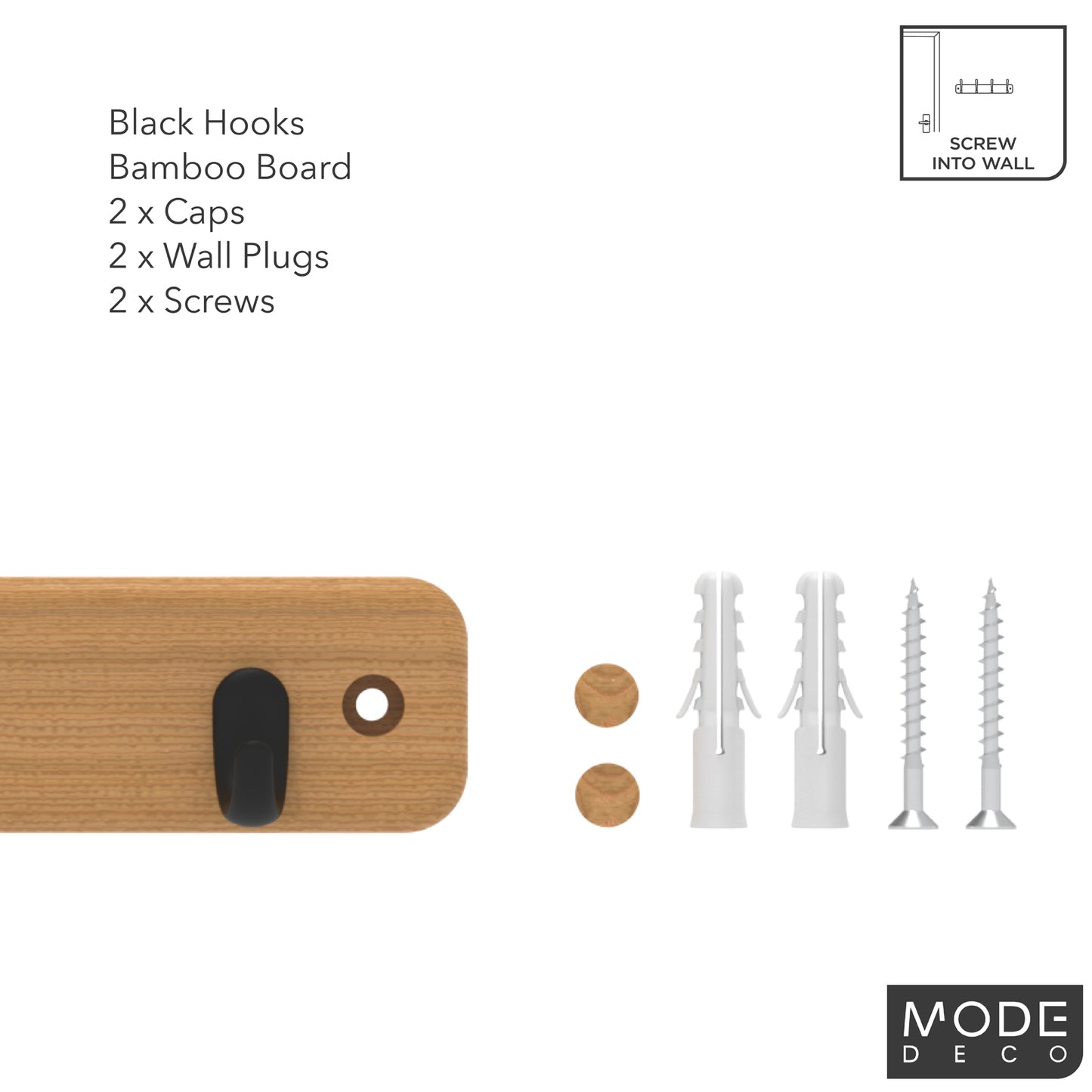 4 Black Hooks on Bamboo Board Key Rack