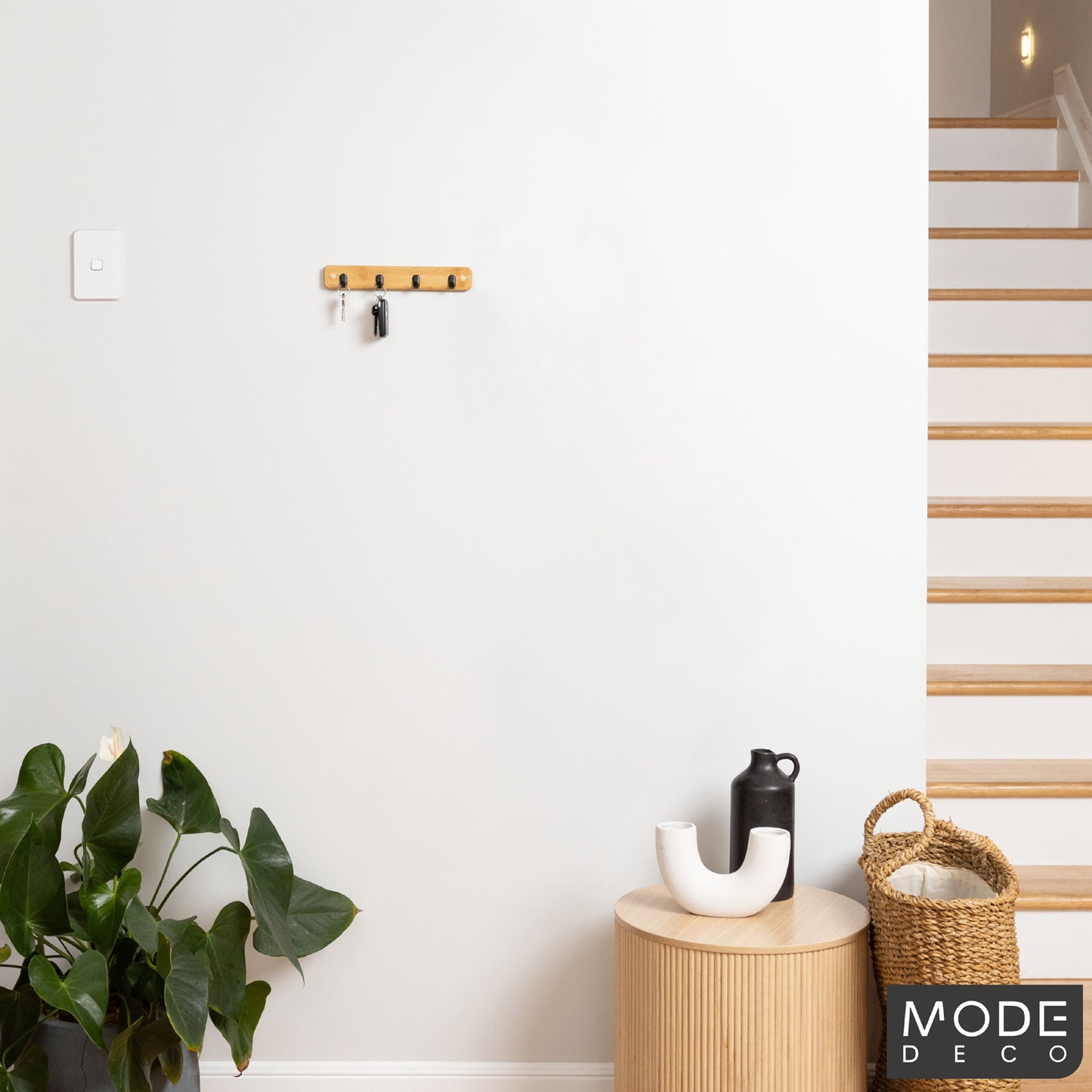 4 Black Hooks on Bamboo Board Key Rack