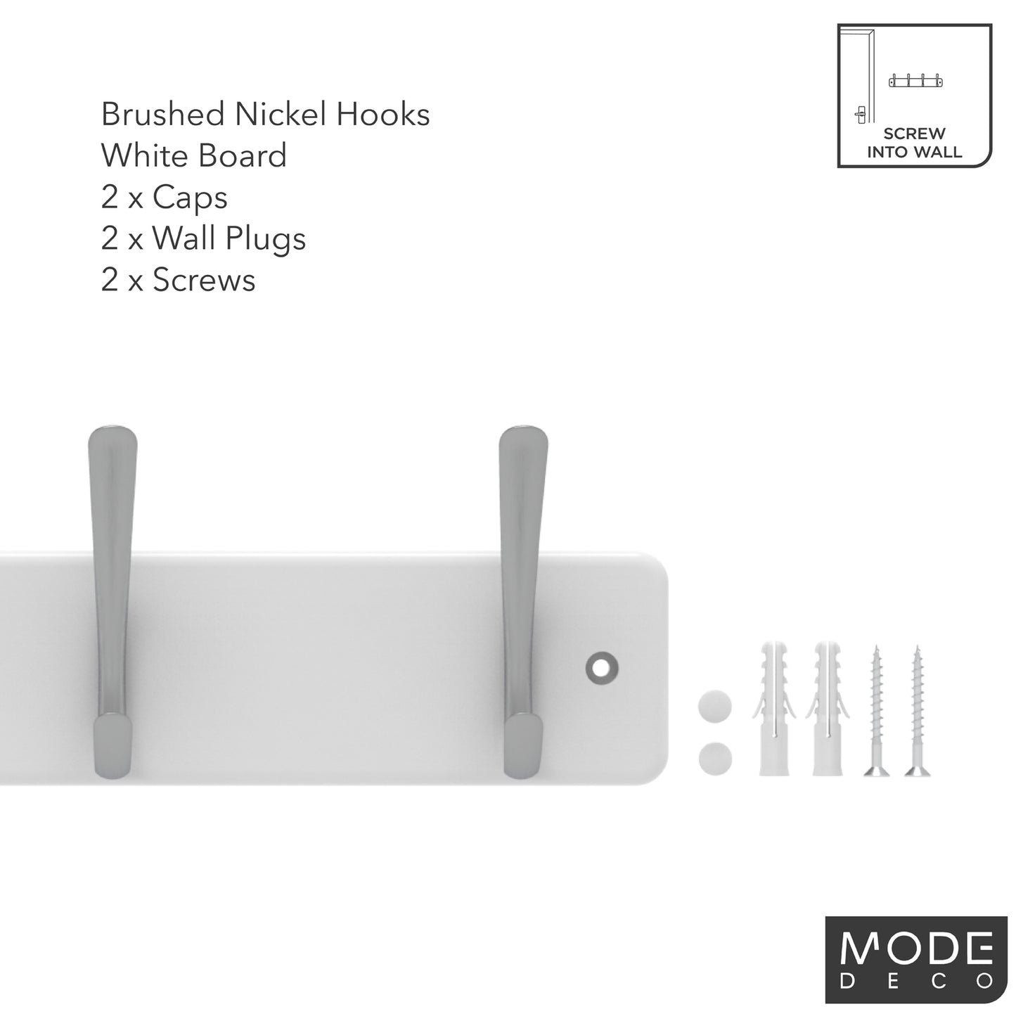 4 Brushed Nickel Hooks on White Board Hat & Coat Rack