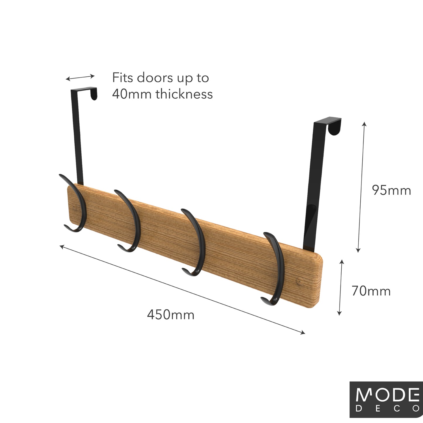4 Black Hooks on Bamboo Board Over Door Hook