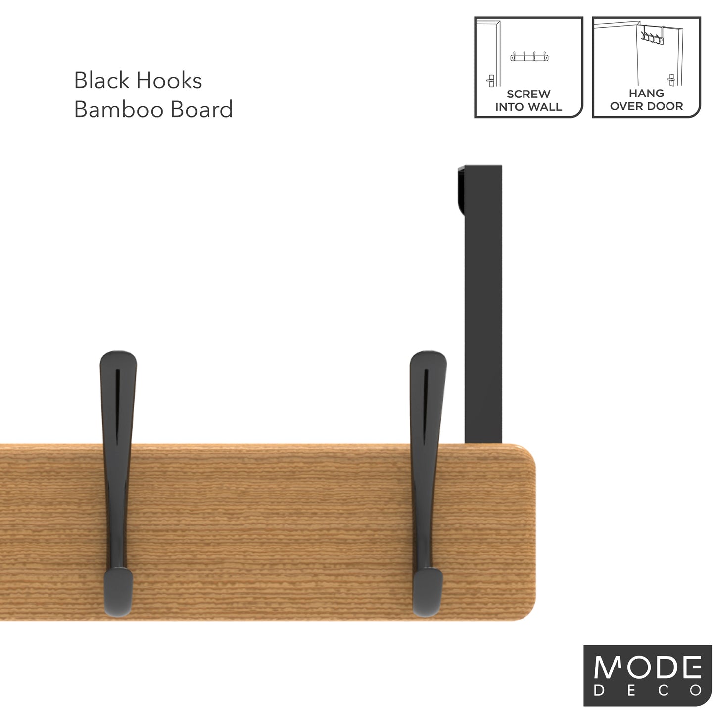 4 Black Hooks on Bamboo Board Over Door Hook