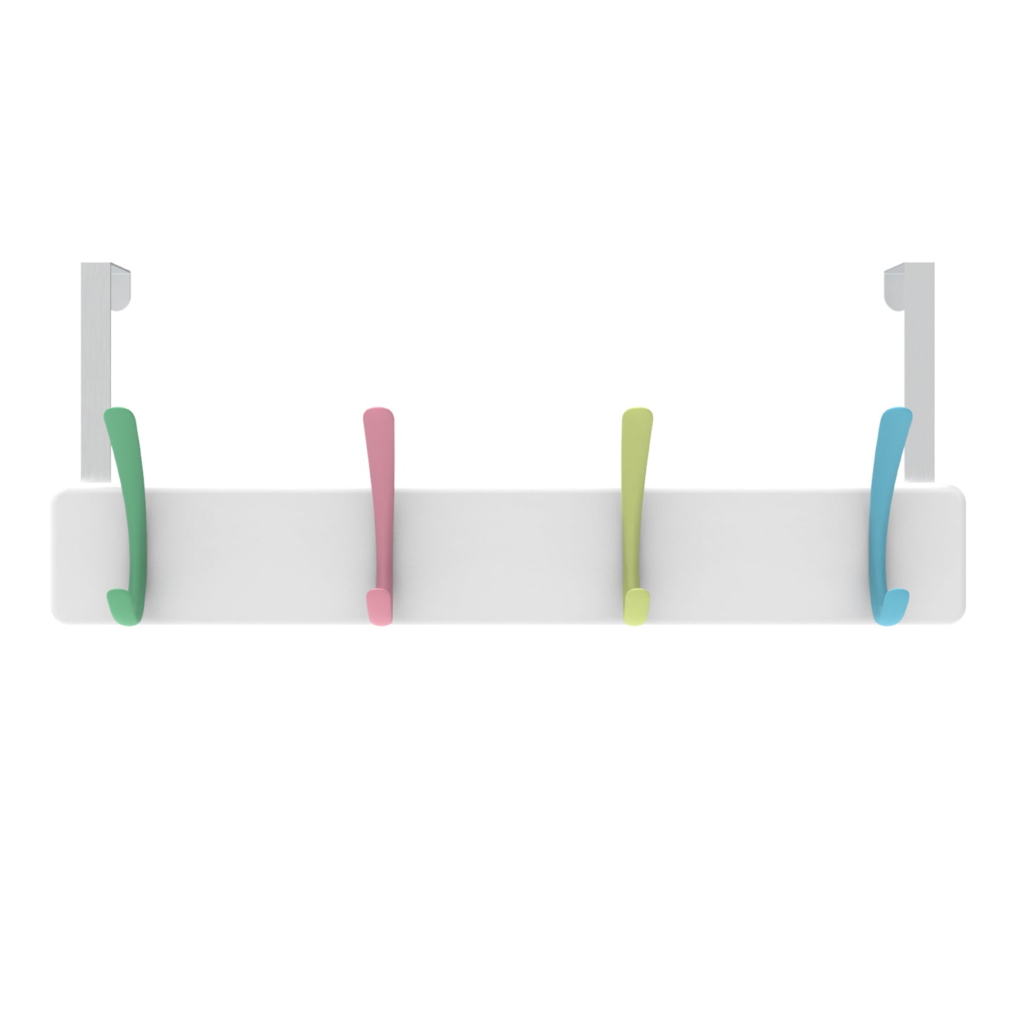 4 Pastel Hooks on White Board Over Door Hook