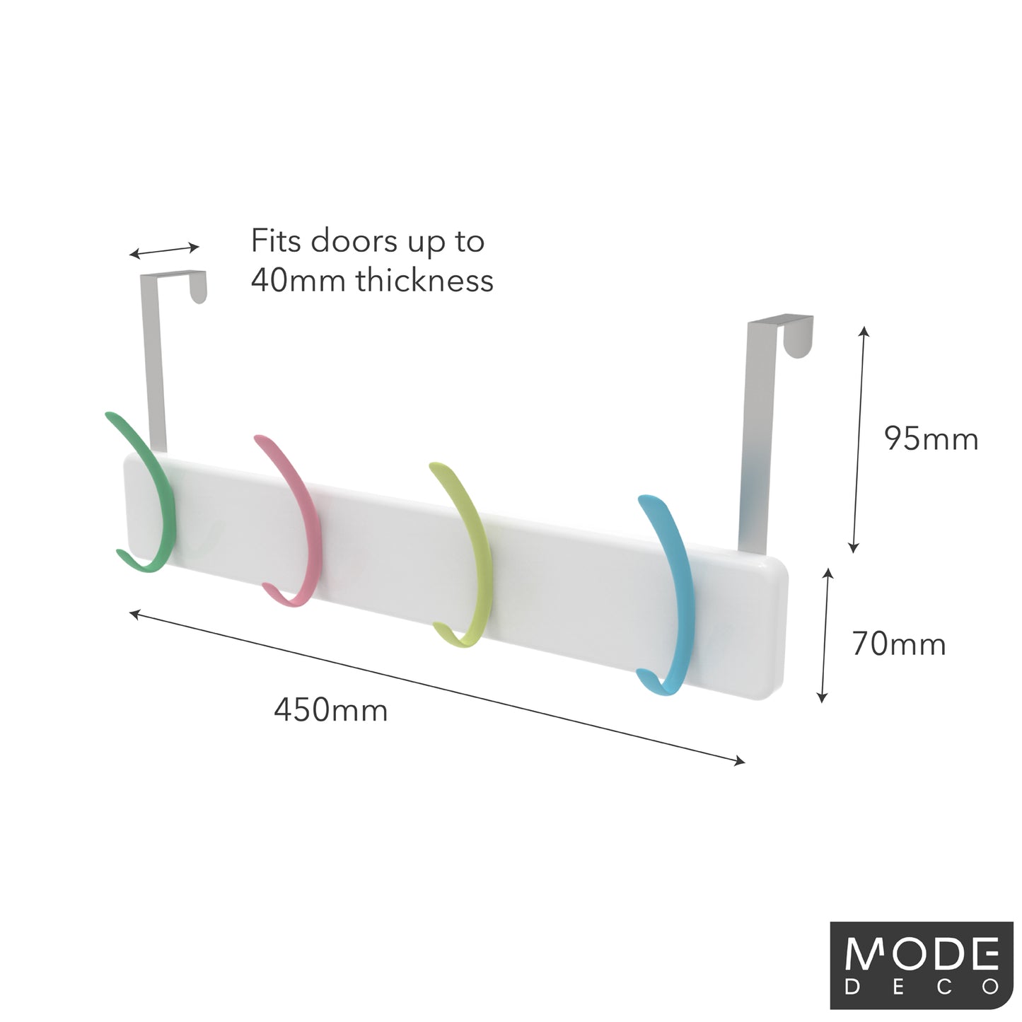 4 Pastel Hooks on White Board Over Door Hook