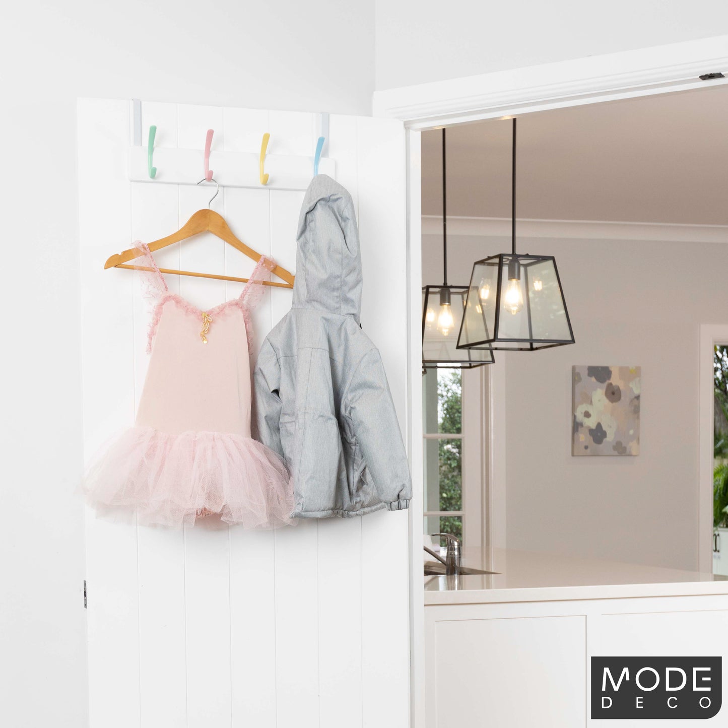 4 Pastel Hooks on White Board Over Door Hook