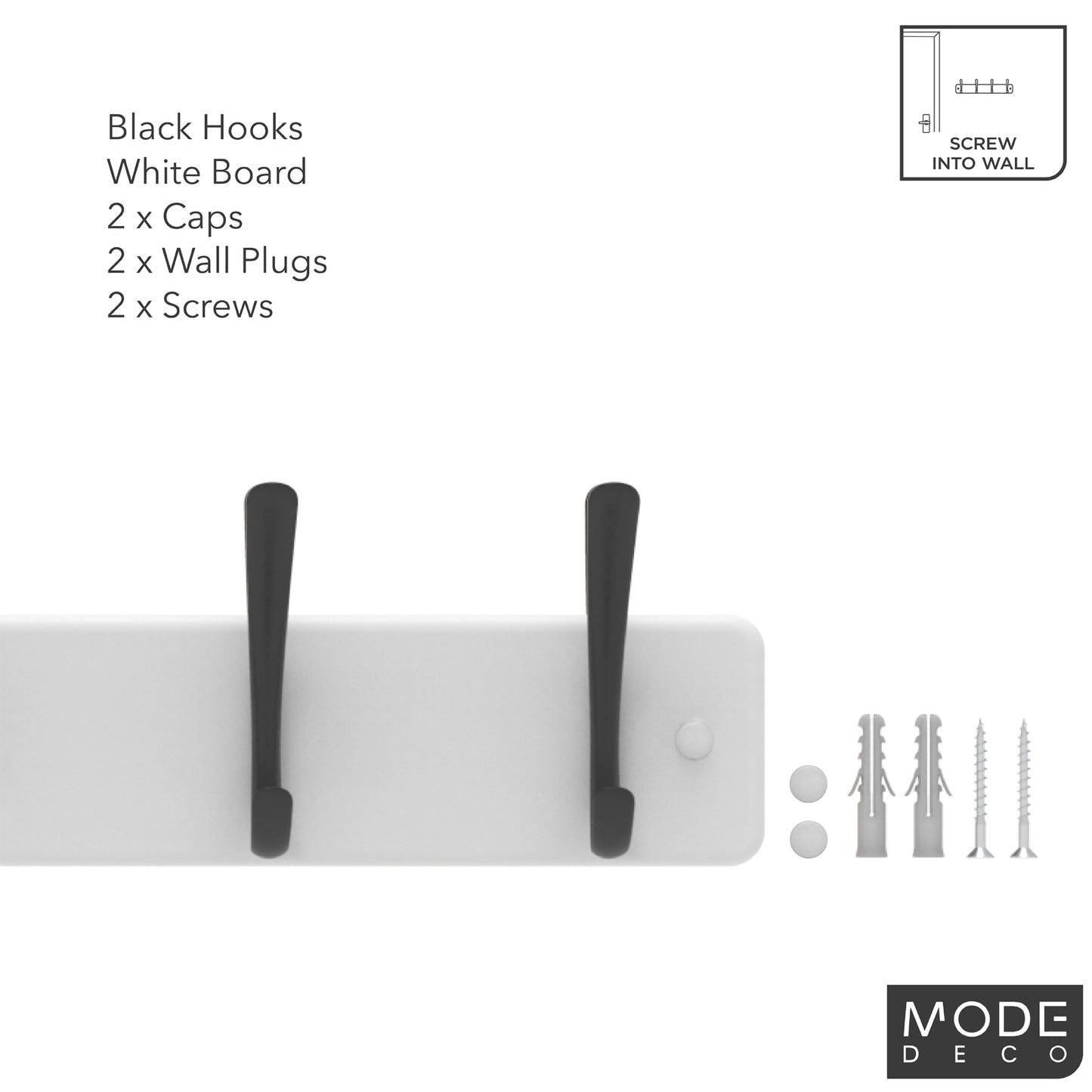 6 Black Hooks on White Board Hat & Coat Rack