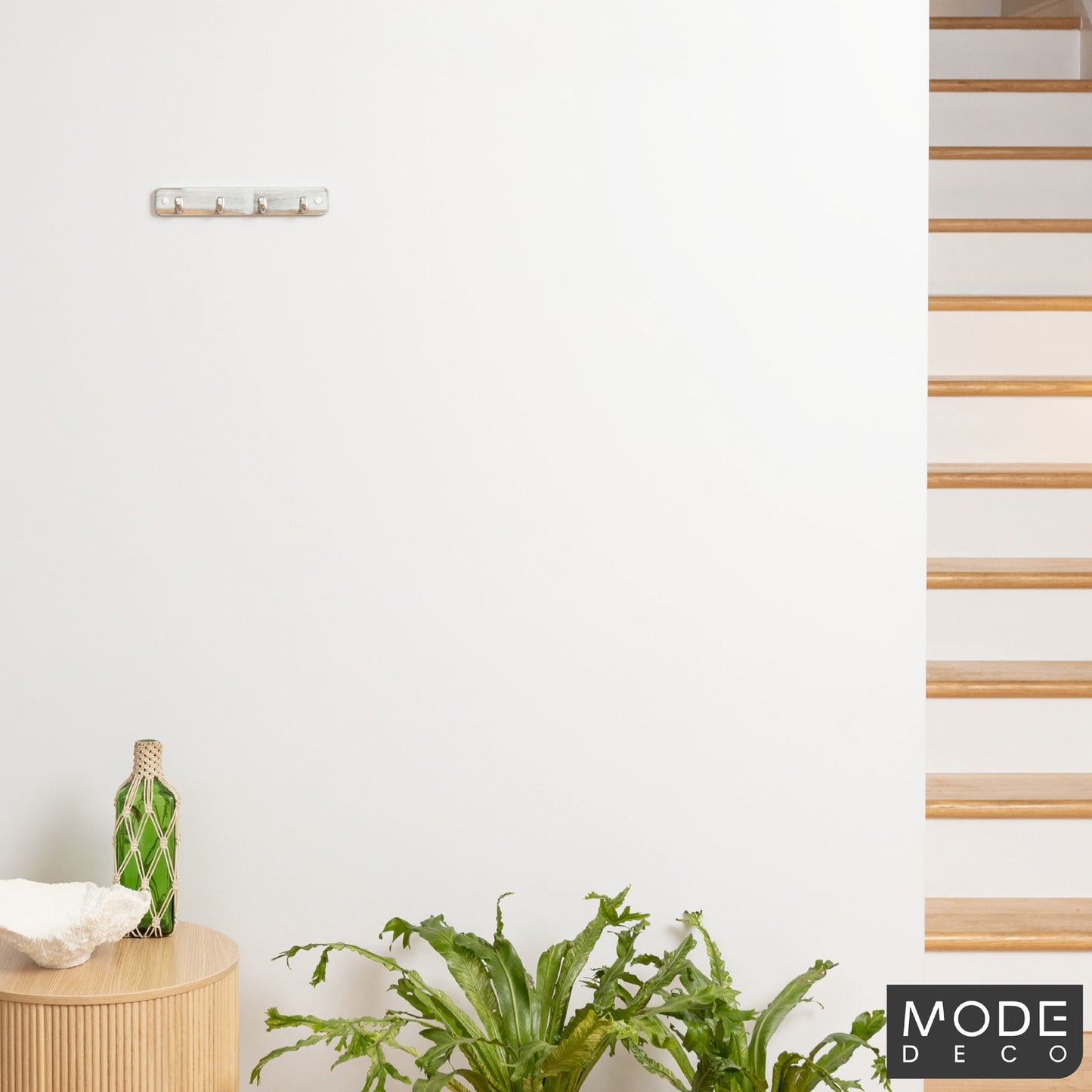 4 Brushed Nickel Hooks on White Wash Board Key Rack