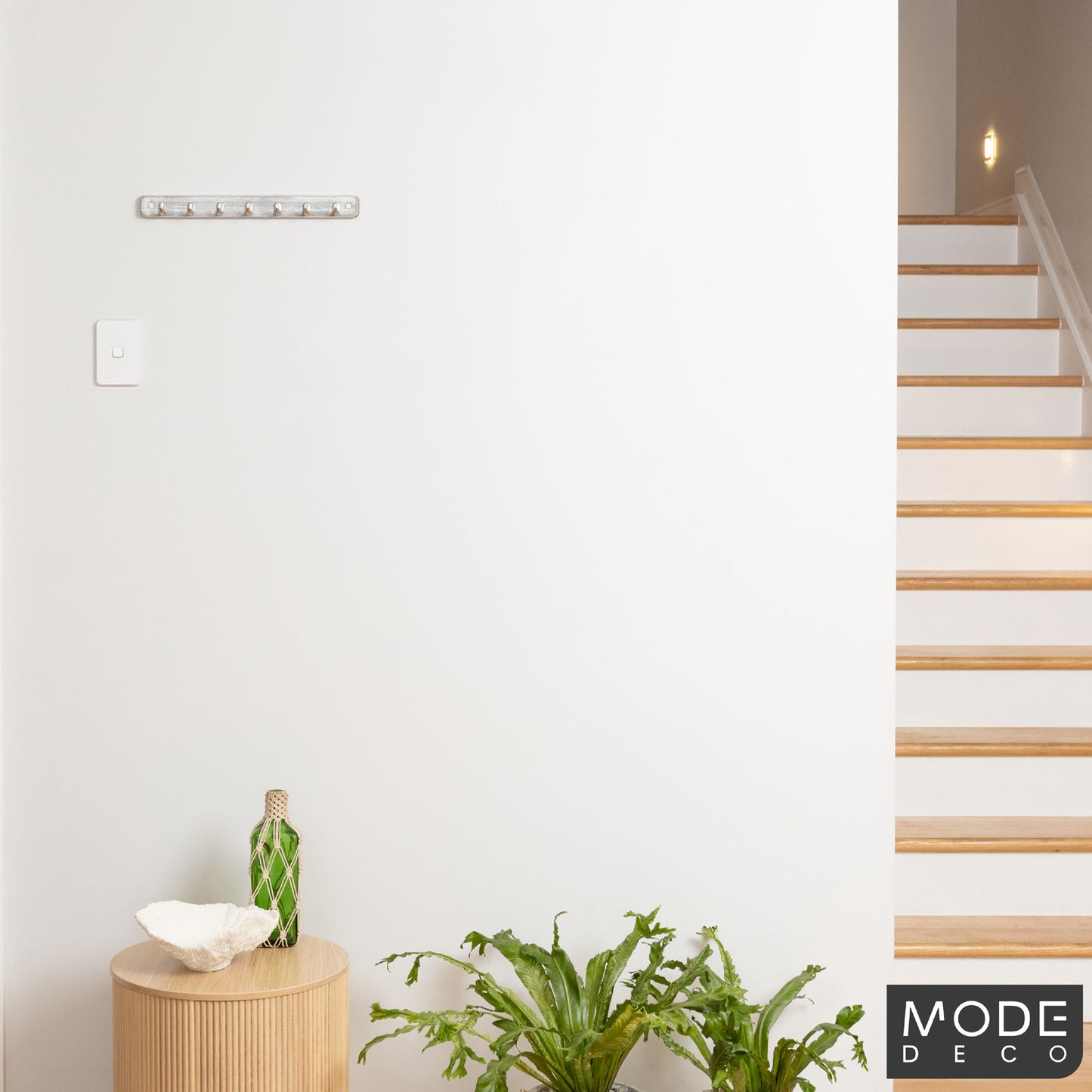 7 Brushed Nickel Hooks on White Wash Board Key Rack