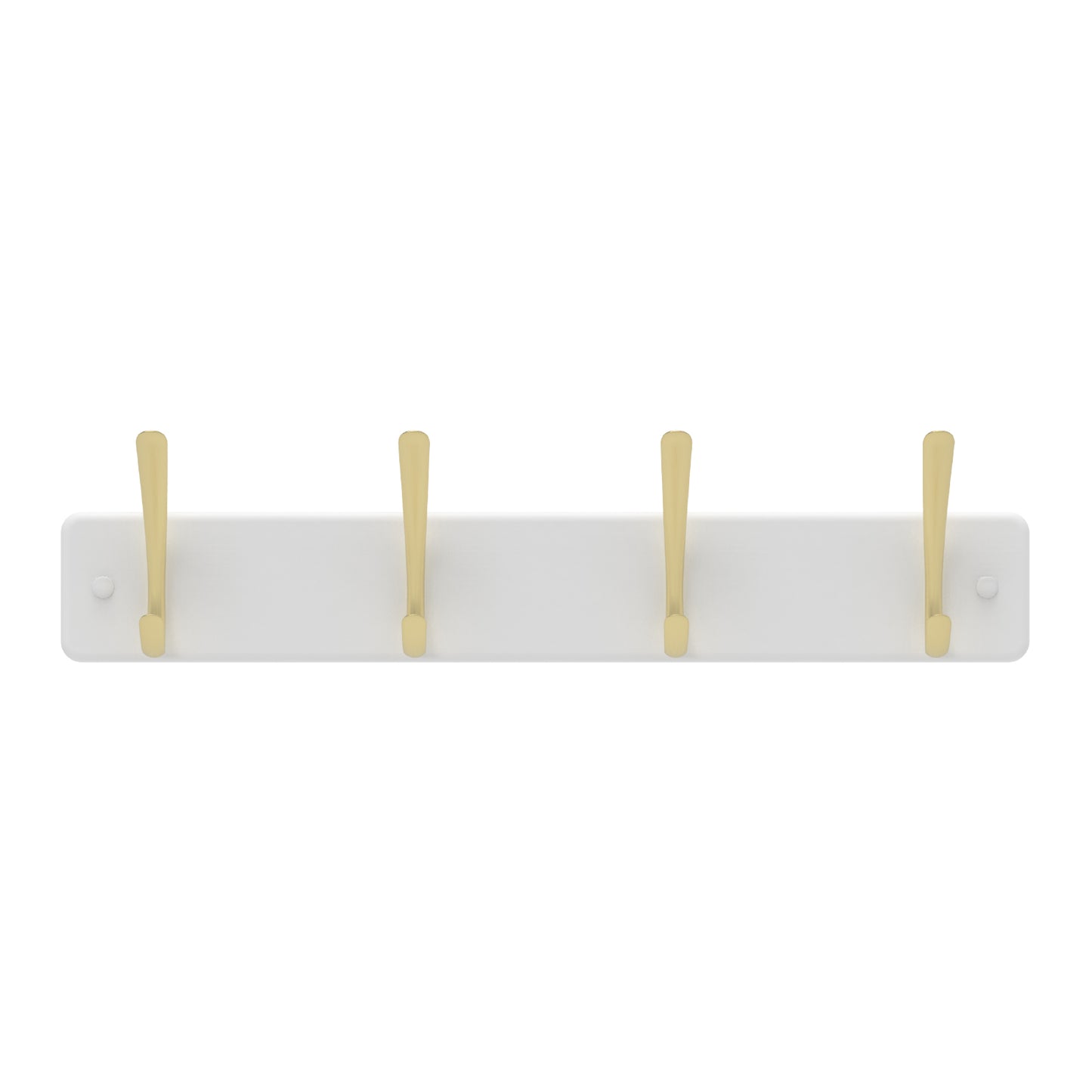 4 Brushed Brass Hooks on White Board Hook Rack