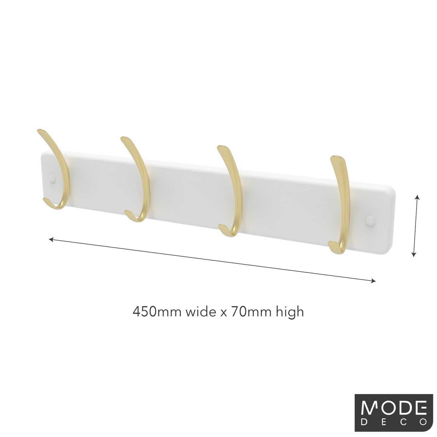 4 Brushed Brass Hooks on White Board Hook Rack