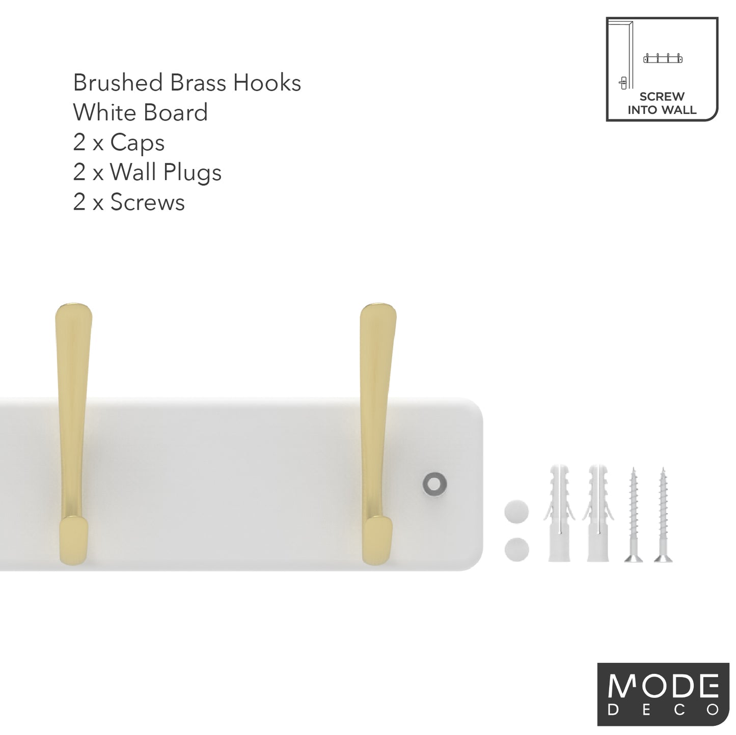 4 Brushed Brass Hooks on White Board Hook Rack