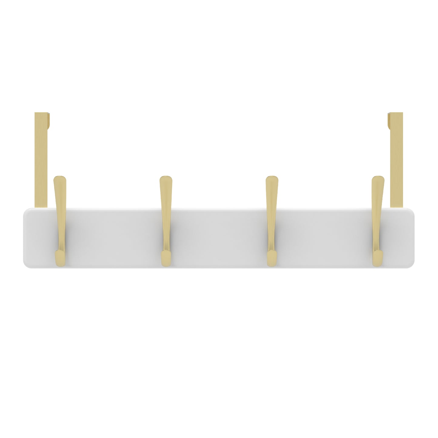 4 Brushed Brass Hooks on White Board Over Door Hook