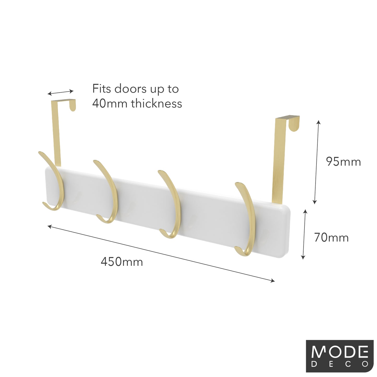 4 Brushed Brass Hooks on White Board Over Door Hook