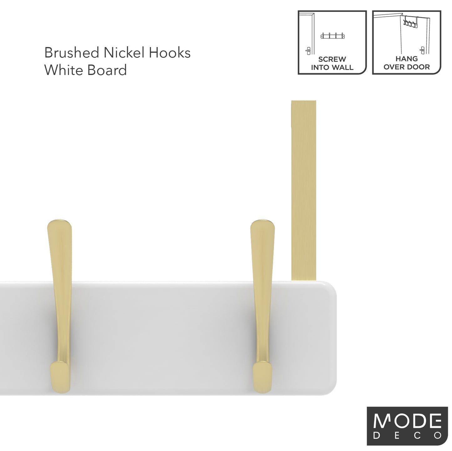 4 Brushed Brass Hooks on White Board Over Door Hook