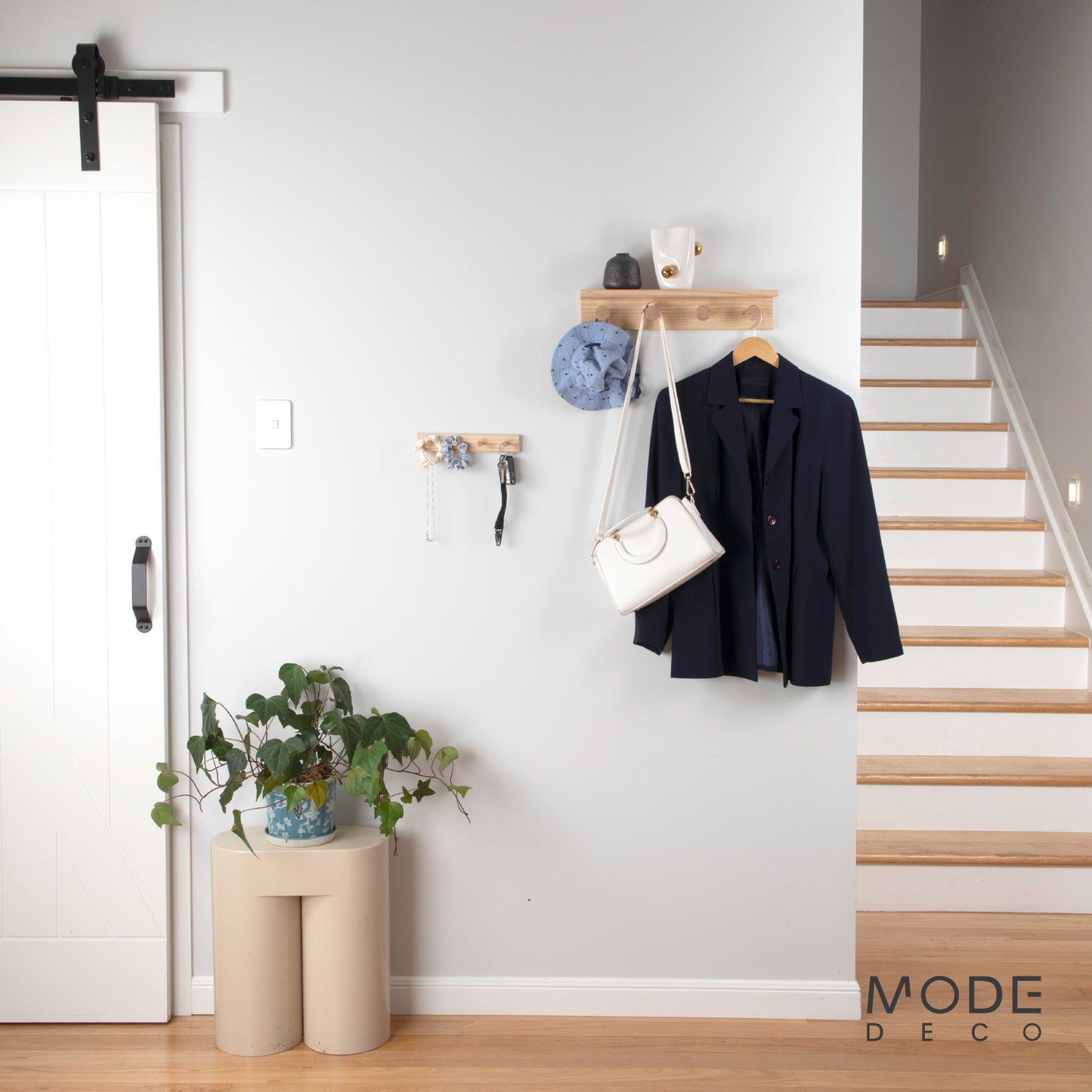 4 Timber Hooks on Pine Board with Shelf