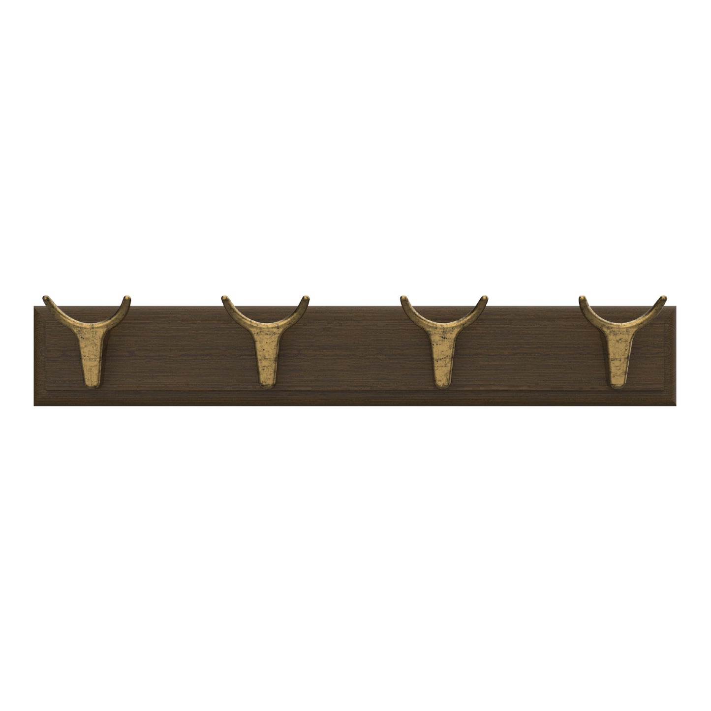 4 Brass Cow Hooks on Oak Board Hook Rack