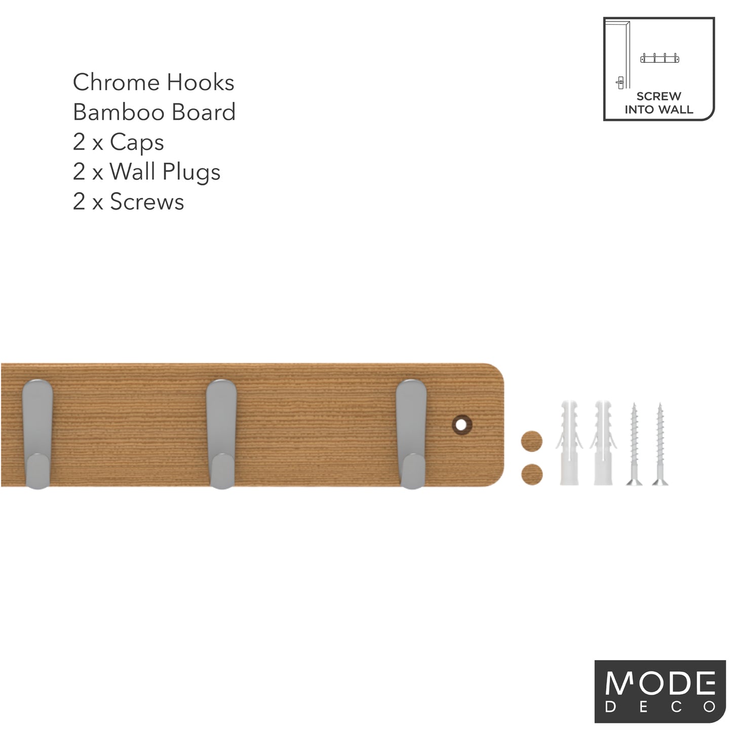7 Chrome Hooks on Bamboo Board Hook Rack