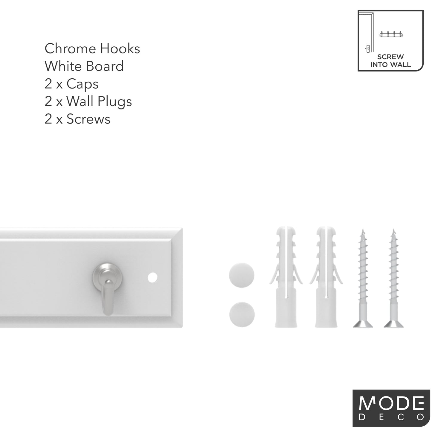 4 Chrome Hooks on White Board Key Rack