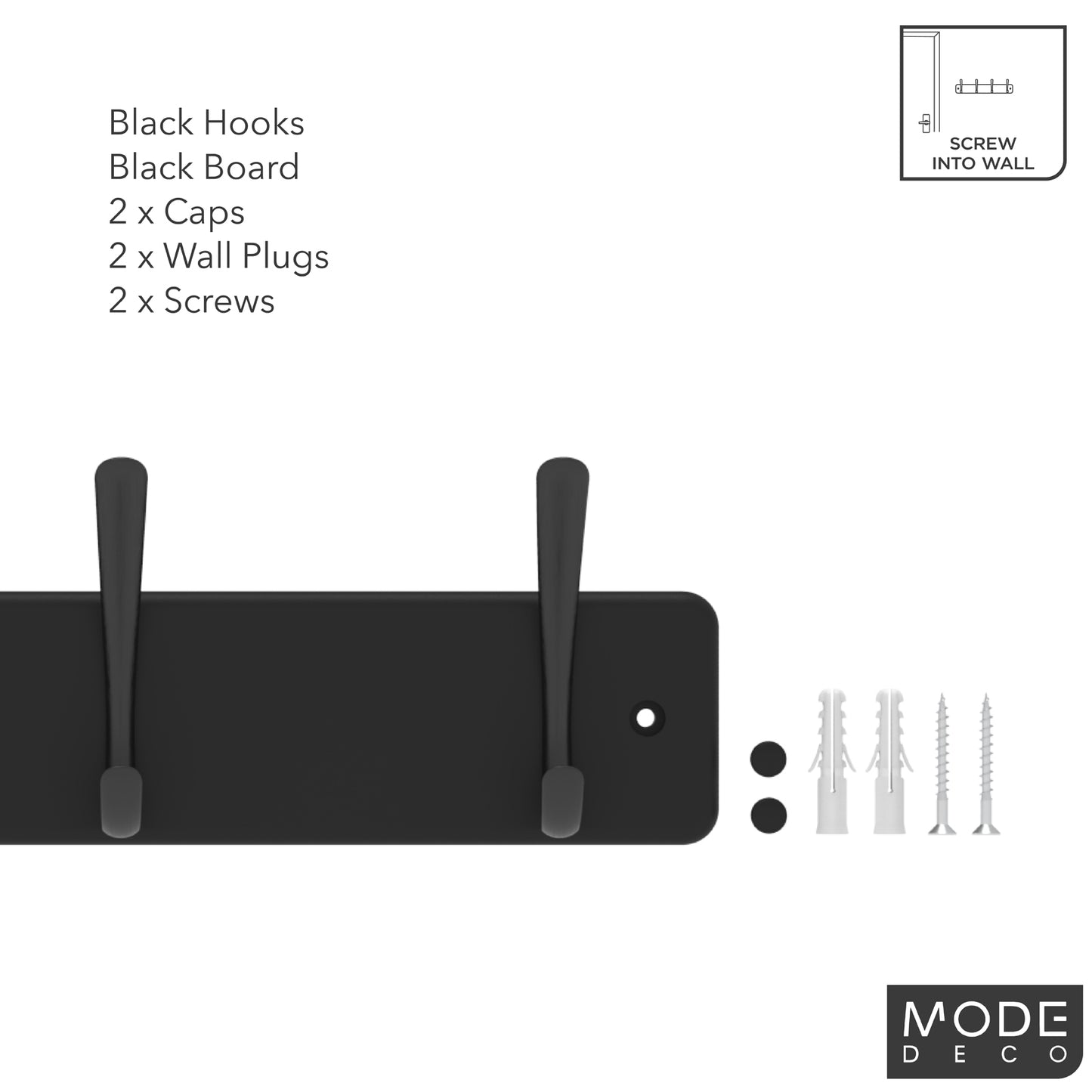 4 Black Hooks on Black Board Hat & Coat Rack
