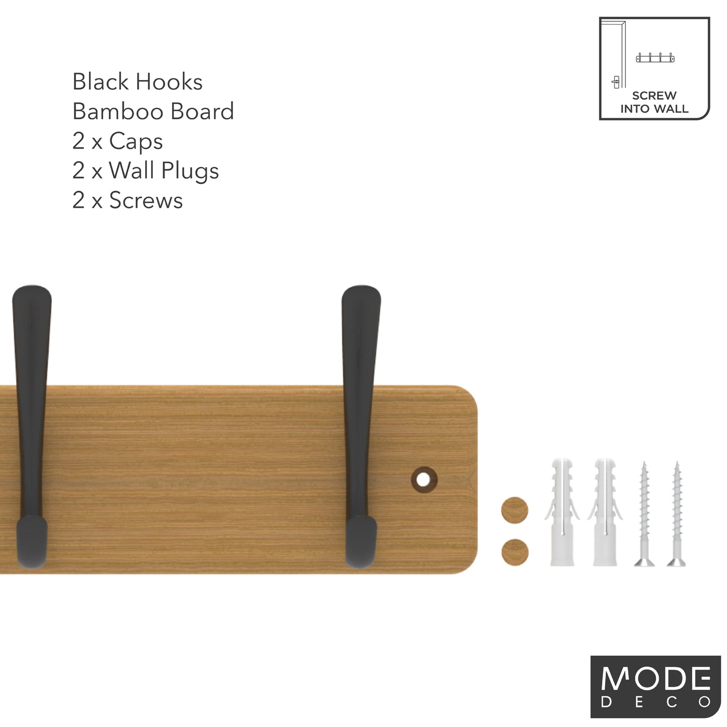 4 Black Hooks on Bamboo Board Hat & Coat Rack
