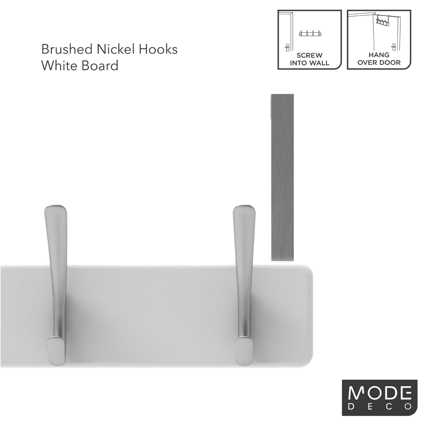 4 Brushed Nickel Hooks on White Board Over Door Hook