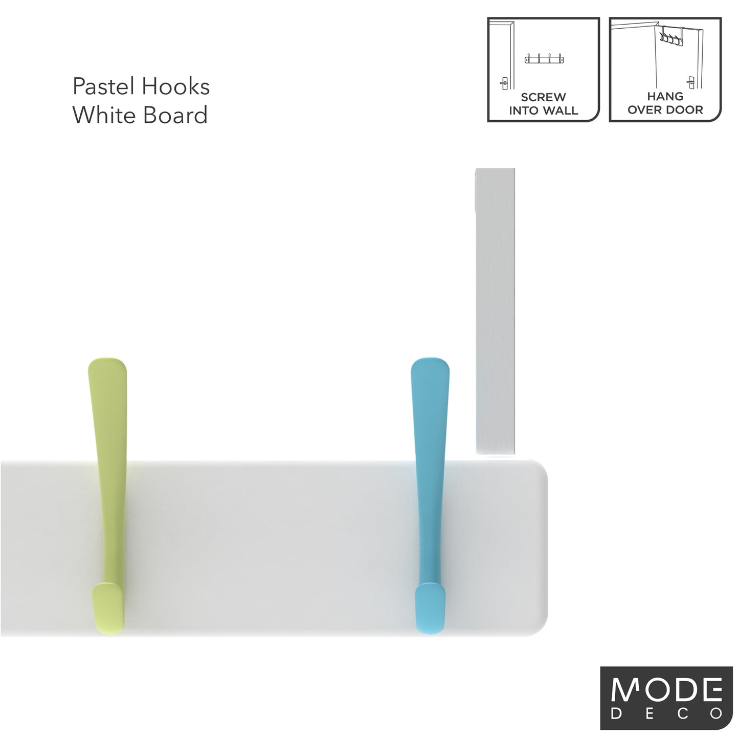 4 Pastel Hooks on White Board Over Door Hook