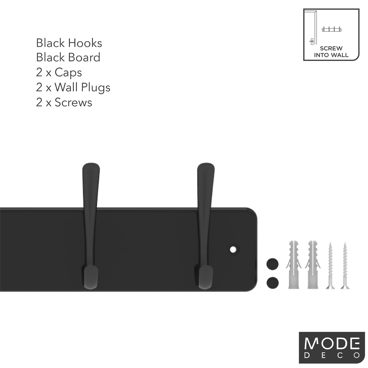 6 Black Hooks on Black Board Hat & Coat Rack