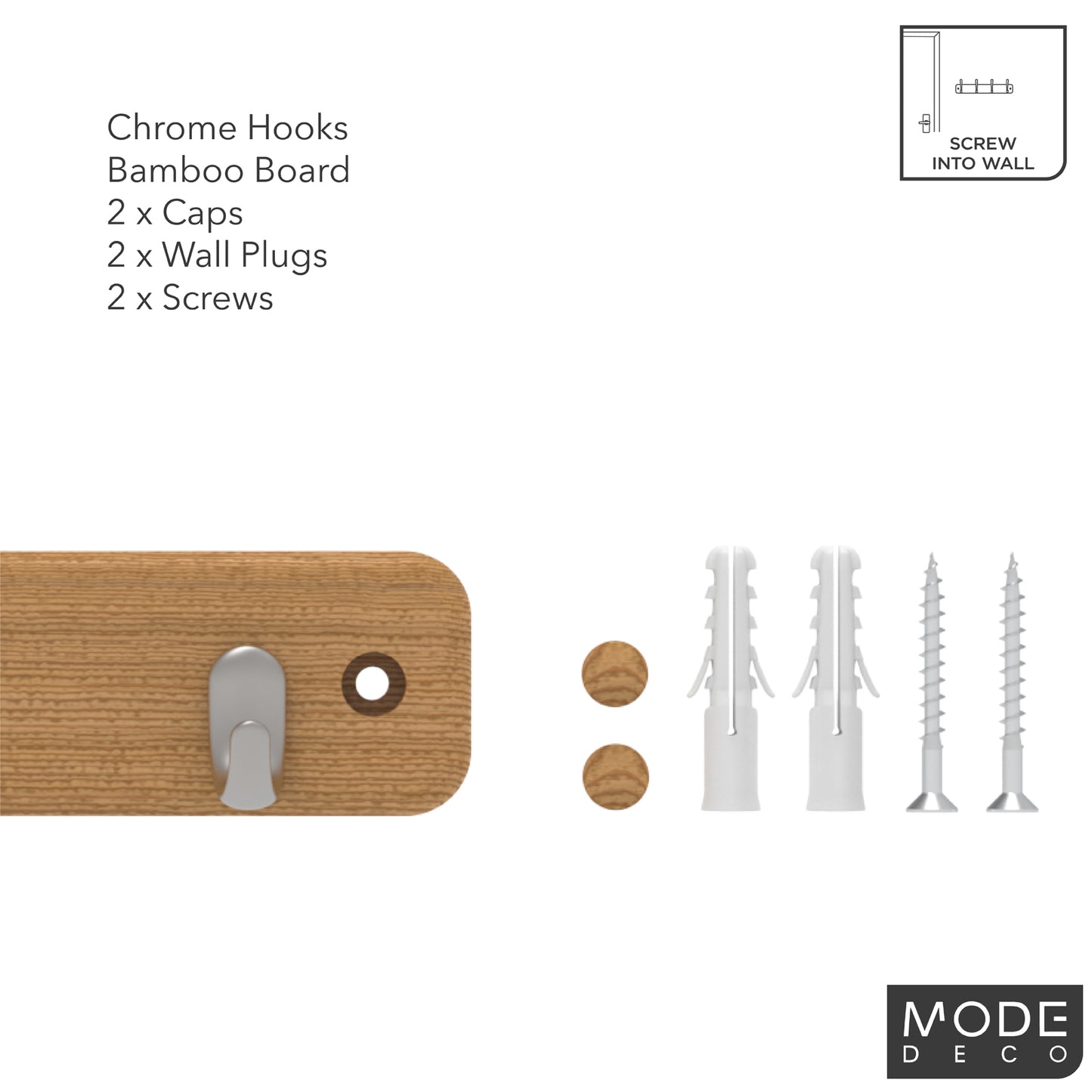 4 Chrome Hooks on Bamboo Board Key Rack