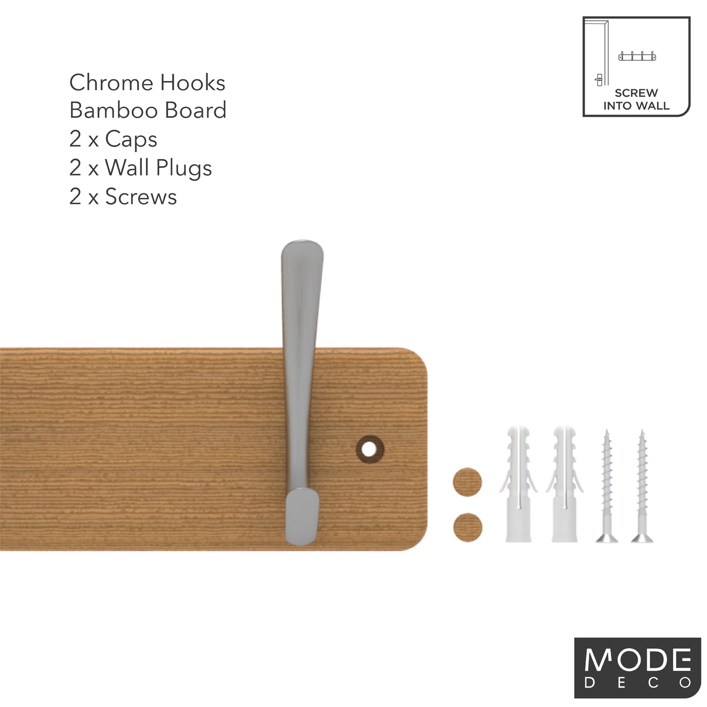 4 Chrome Hooks on Bamboo Board Hat & Coat Rack