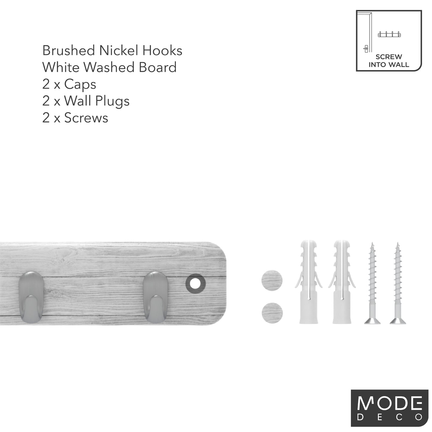 4 Brushed Nickel Hooks on White Wash Board Key Rack