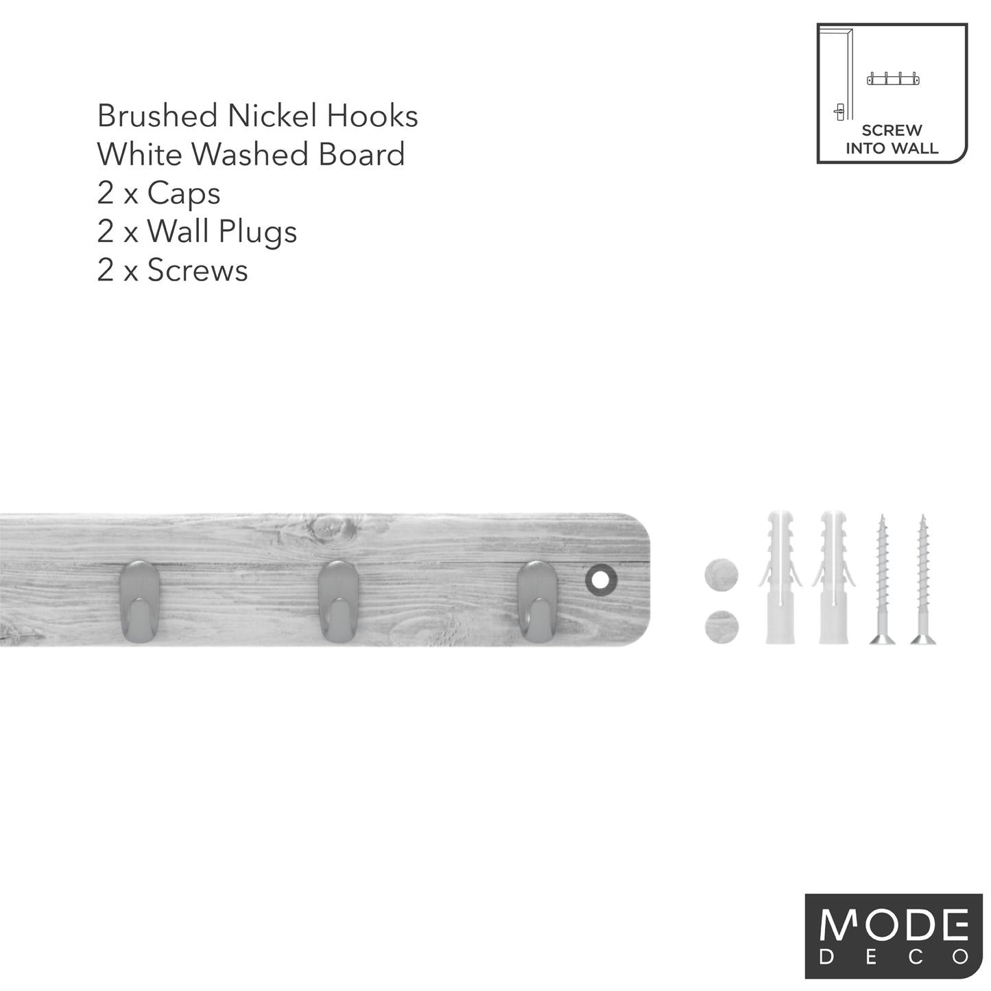 7 Brushed Nickel Hooks on White Wash Board Key Rack