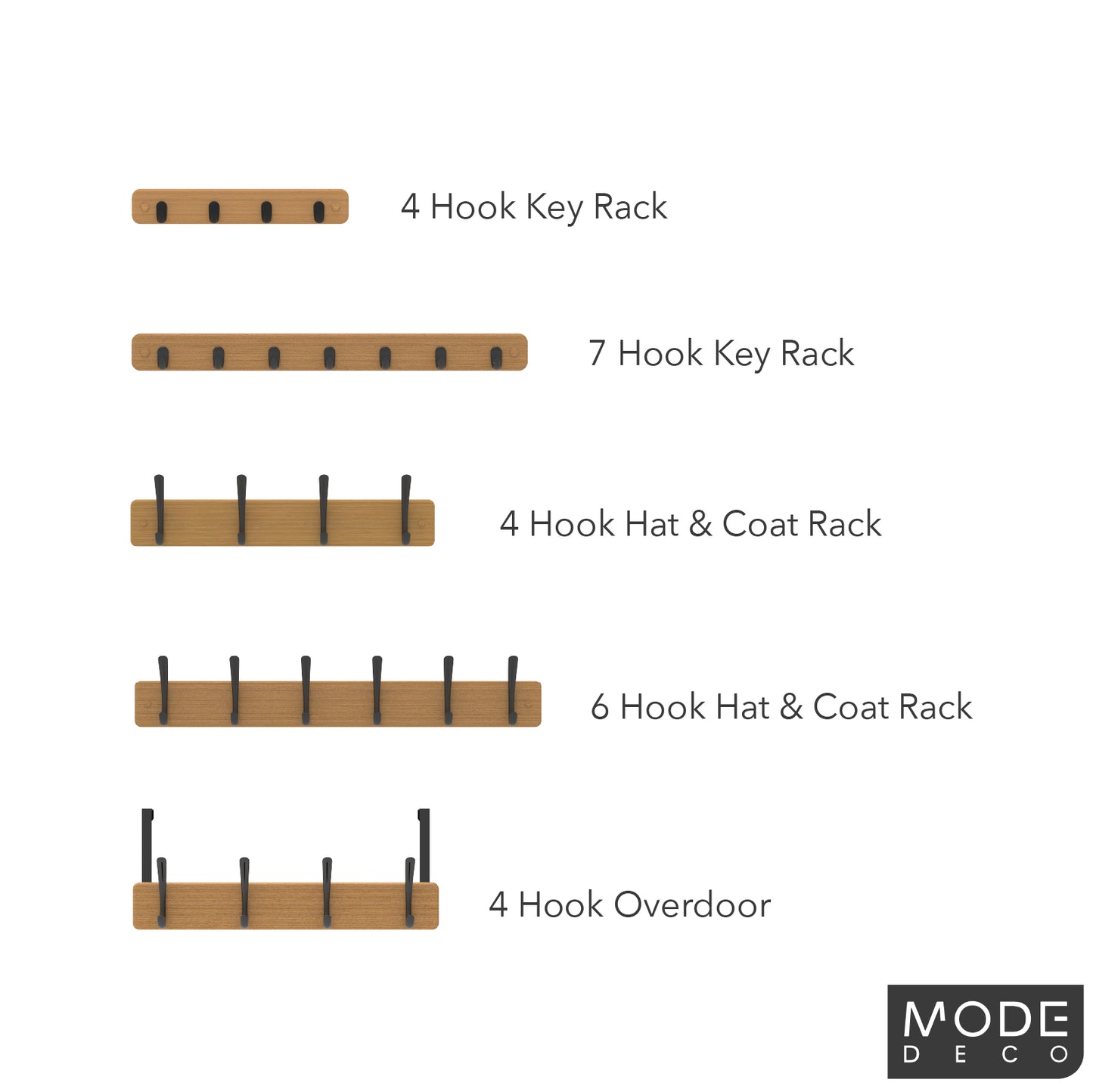 4 Black Hooks on Bamboo Board Key Rack